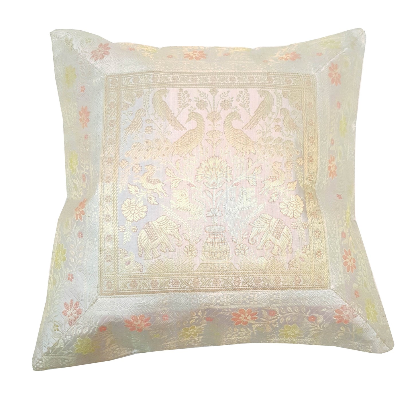 17x17 Inch Gray Cushion Covers Birds Animal Woven Zari Brocade Banarasi Silk