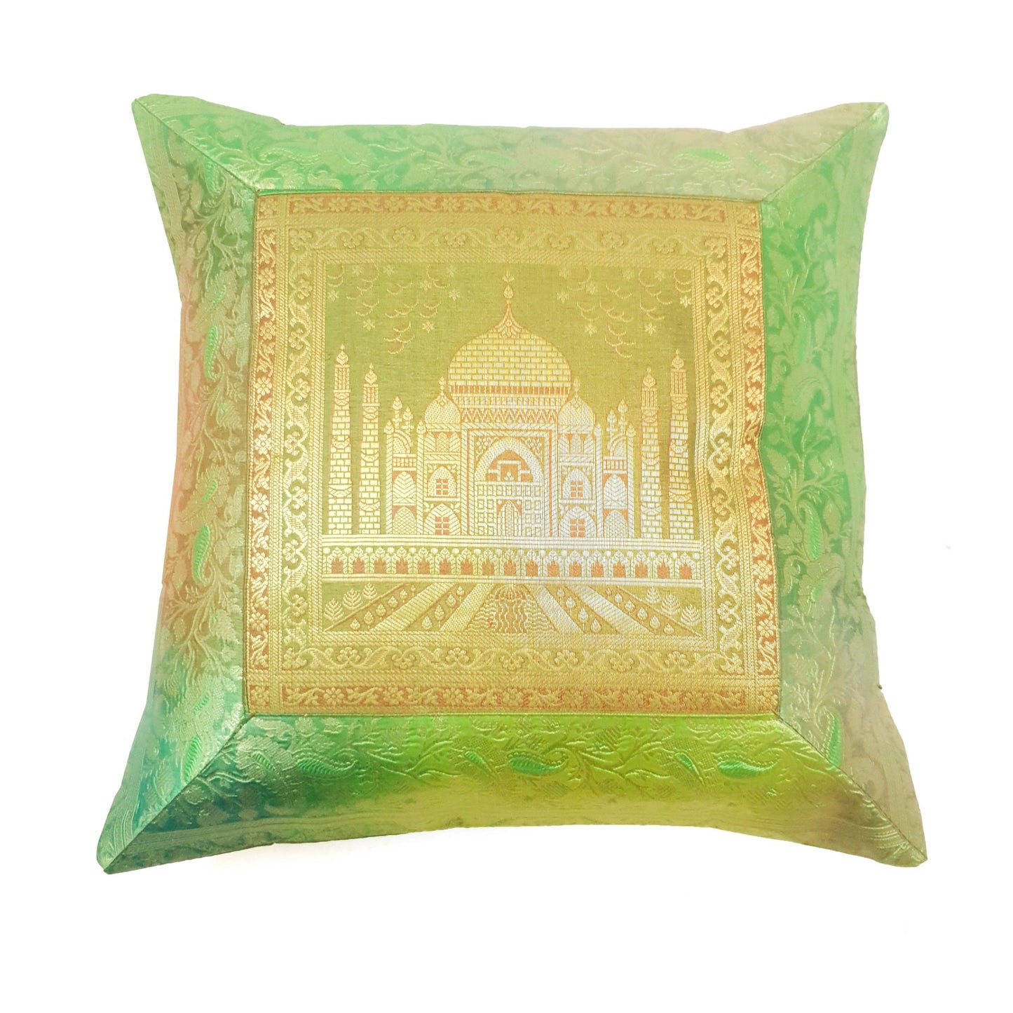 16x16 Inch Cushion Cover Green Taj Mahal Woven Zari Brocade Banarasi Silk Decor