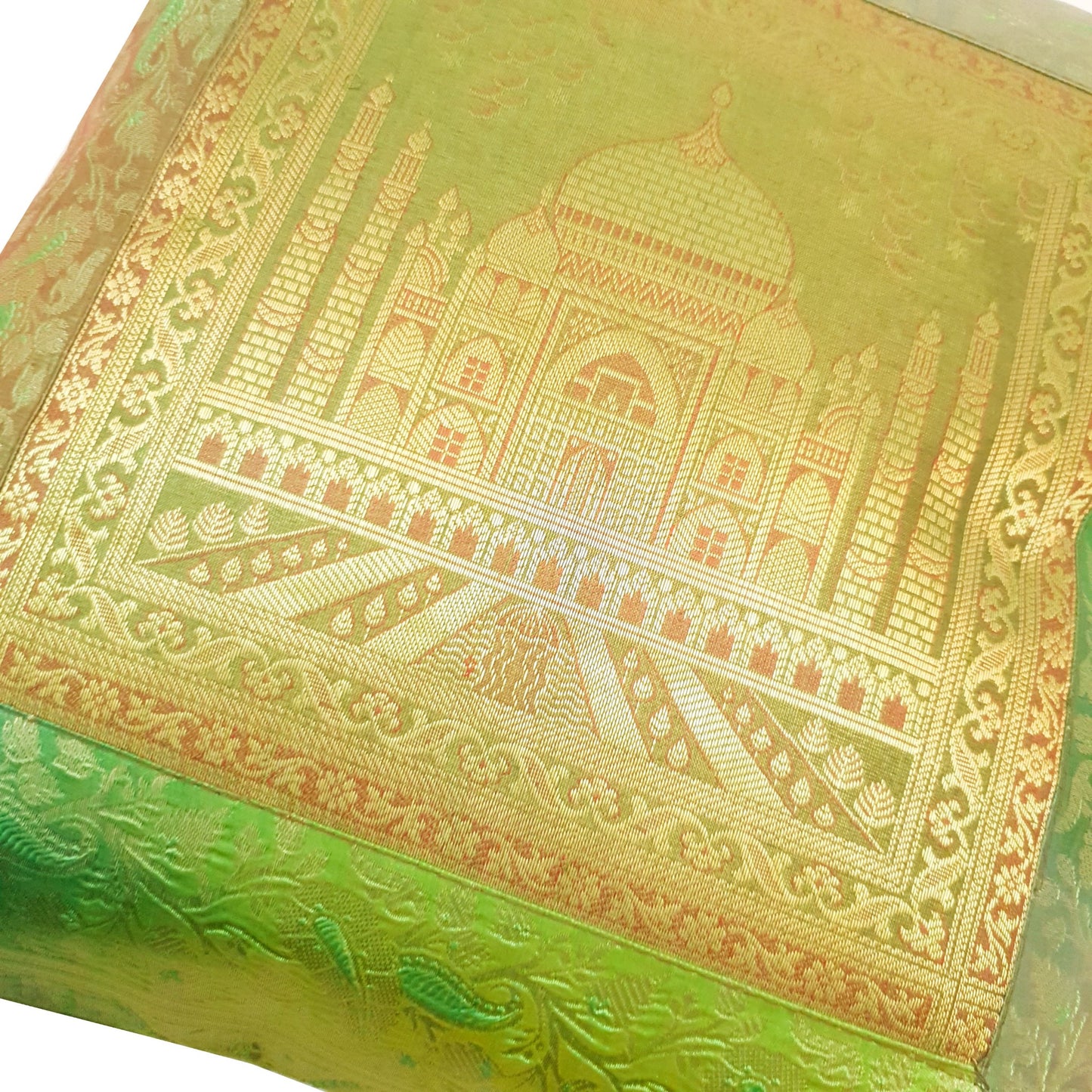 16x16 Inch Cushion Cover Green Taj Mahal Woven Zari Brocade Banarasi Silk Decor