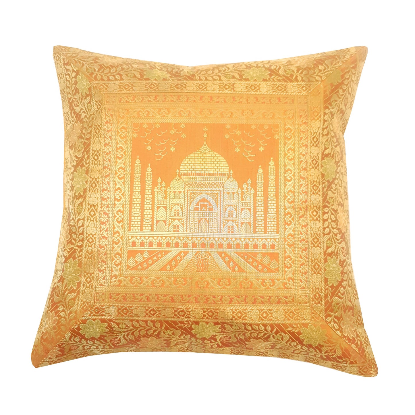 17x17 Inch Mustard Cushion Cover Taj Mahal Woven Zari Brocade Banarasi Silk