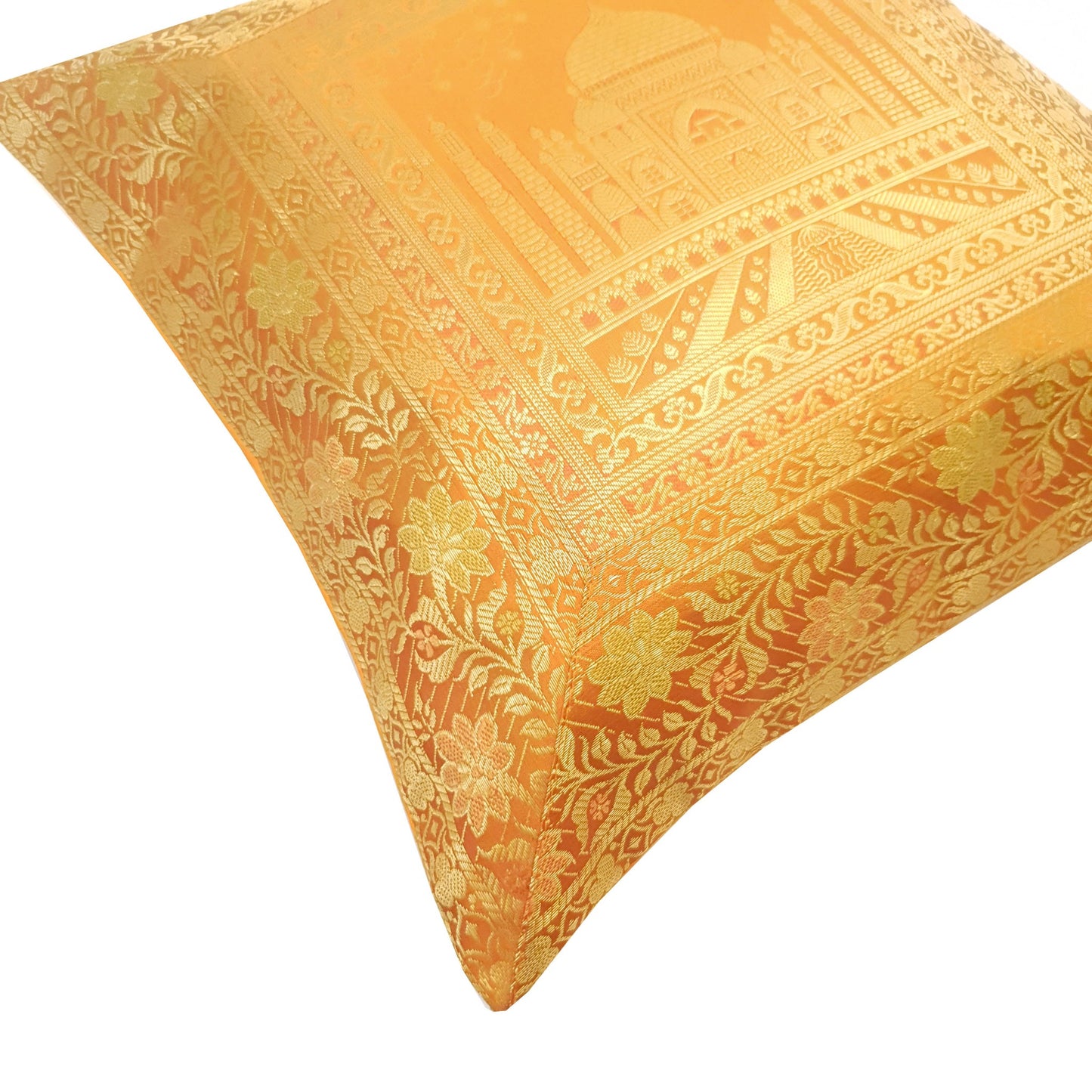 17x17 Inch Mustard Cushion Cover Taj Mahal Woven Zari Brocade Banarasi Silk