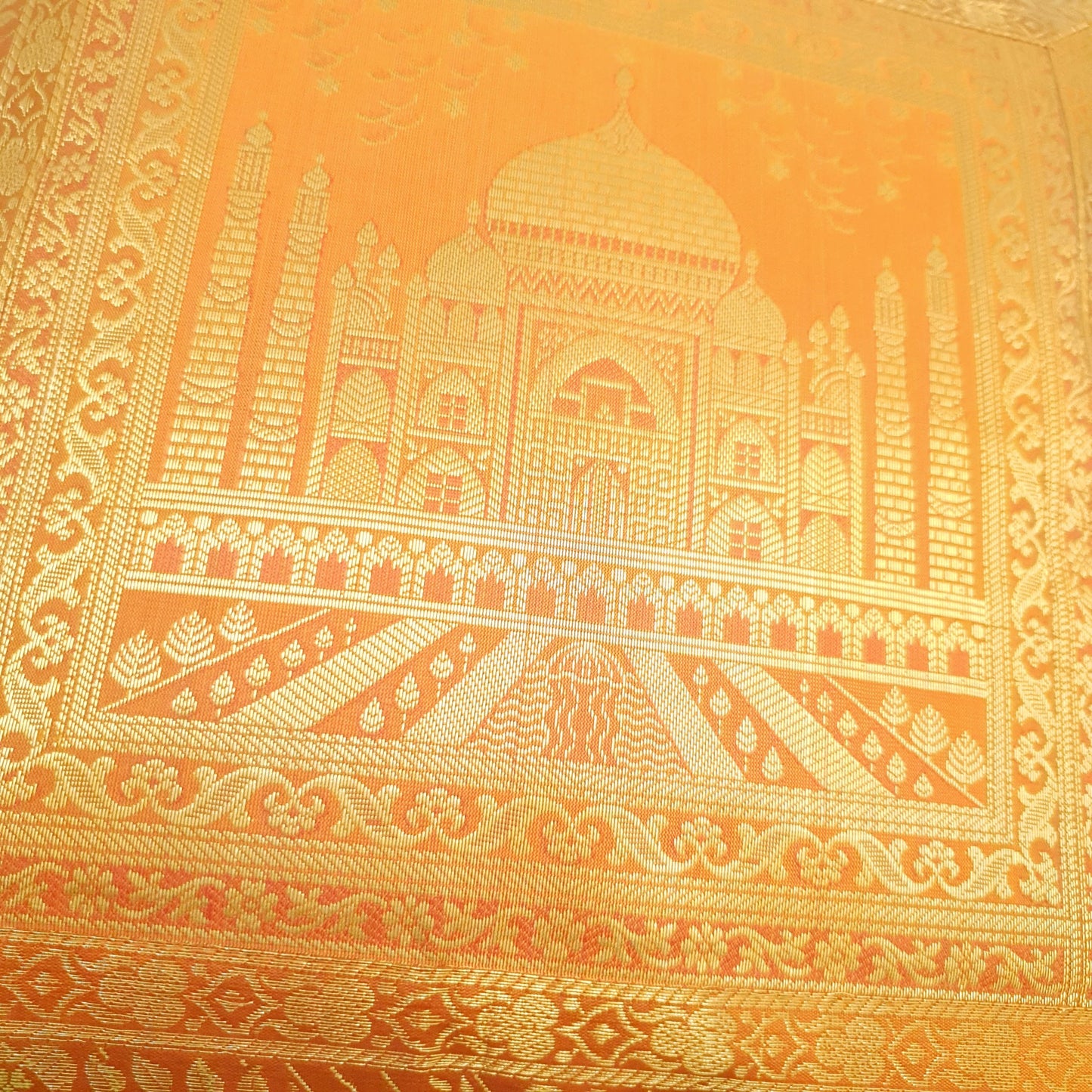 17x17 Inch Mustard Cushion Cover Taj Mahal Woven Zari Brocade Banarasi Silk