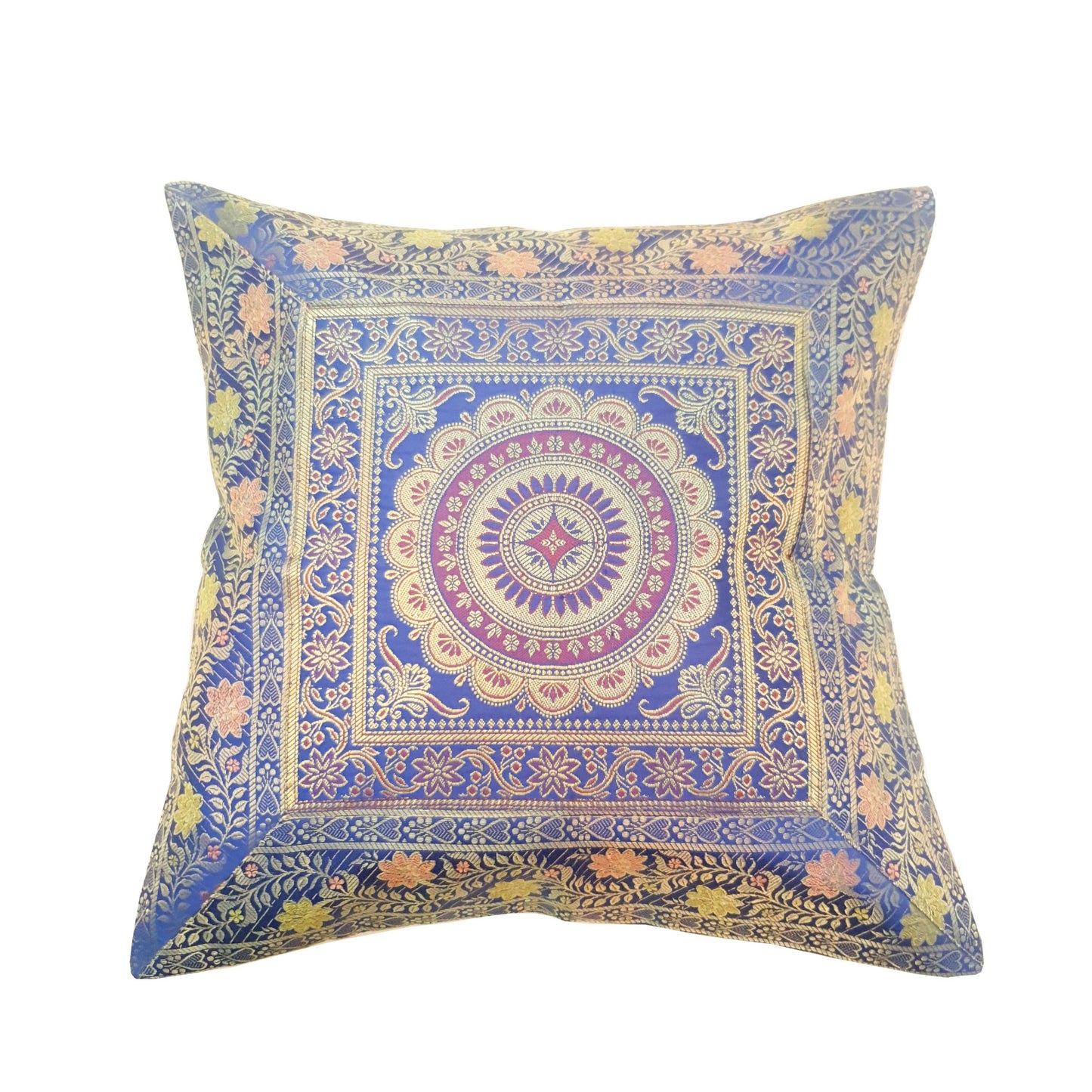 17x17 Inch Cushion Covers Indian Blue Mandala Woven Zari Brocade Banarasi Silk