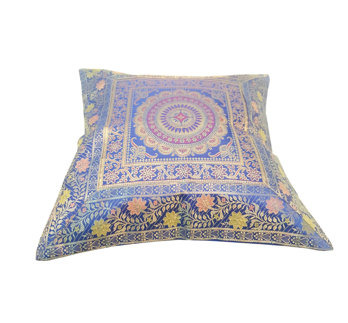 17x17 Inch Cushion Covers Indian Blue Mandala Woven Zari Brocade Banarasi Silk
