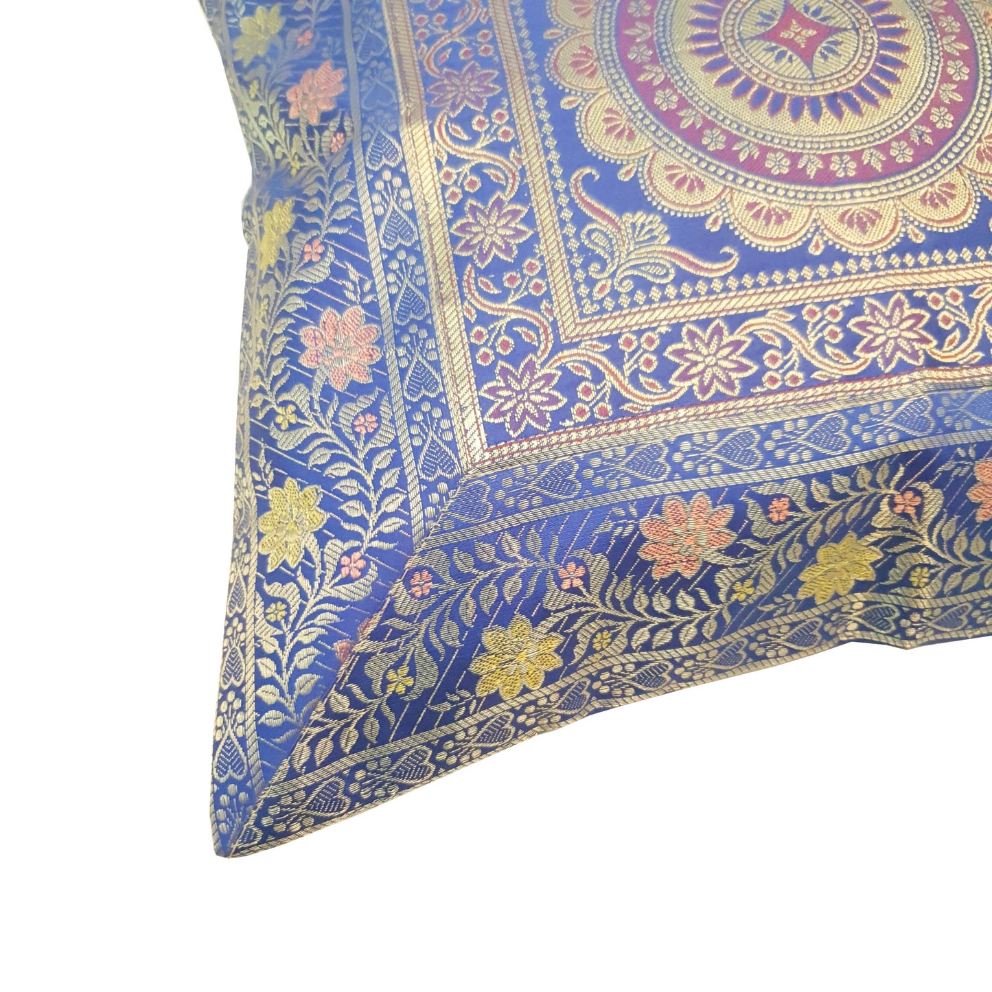 17x17 Inch Cushion Covers Indian Blue Mandala Woven Zari Brocade Banarasi Silk