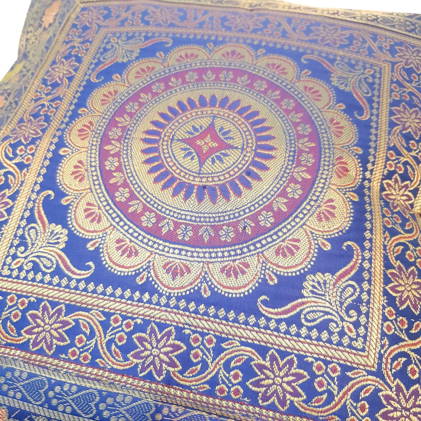 17x17 Inch Cushion Covers Indian Blue Mandala Woven Zari Brocade Banarasi Silk