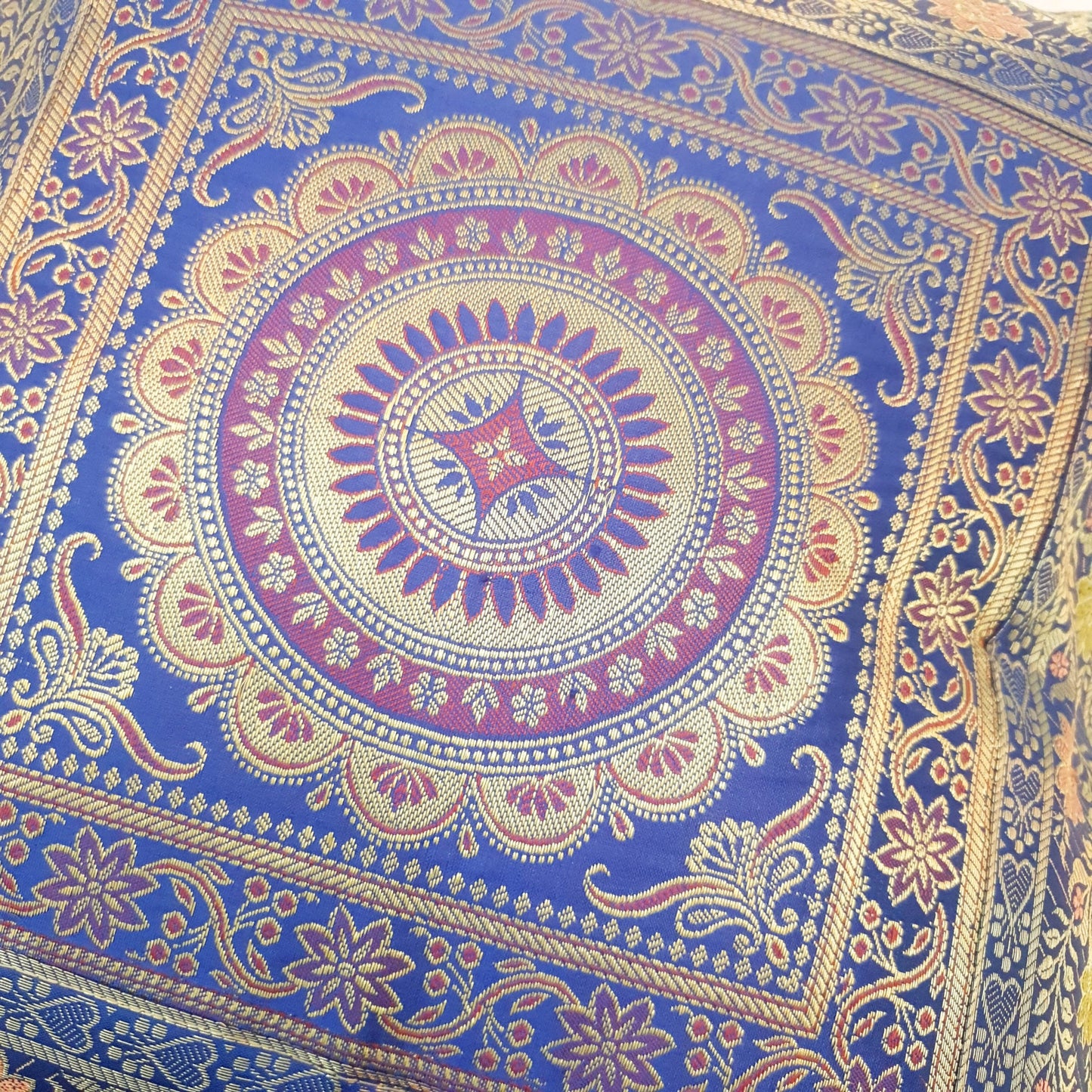 17x17 Inch Cushion Covers Indian Blue Mandala Woven Zari Brocade Banarasi Silk