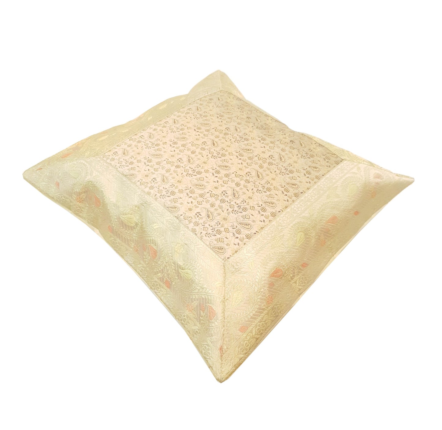 16X16 Inch Banarasi Cushion Covers Zari Brocade Silk Paisley Cream Home Decor