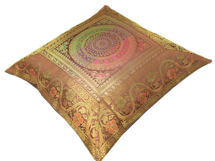 16x16 Inch Dark Brown Banarasi Silk Cushion Cover Woven Zari Brocade Mandala