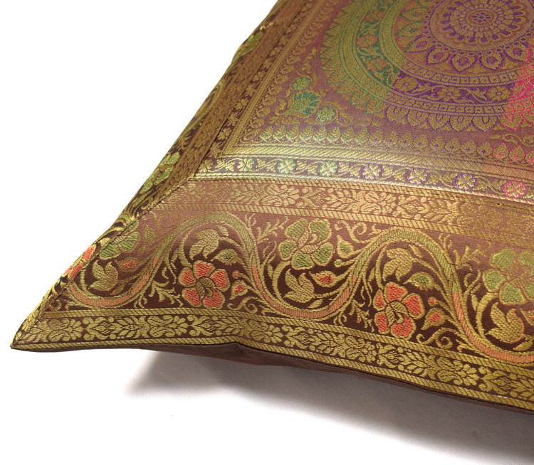 16x16 Inch Dark Brown Banarasi Silk Cushion Cover Woven Zari Brocade Mandala
