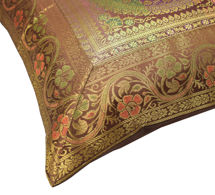 16x16 Inch Dark Brown Banarasi Silk Cushion Cover Woven Zari Brocade Mandala