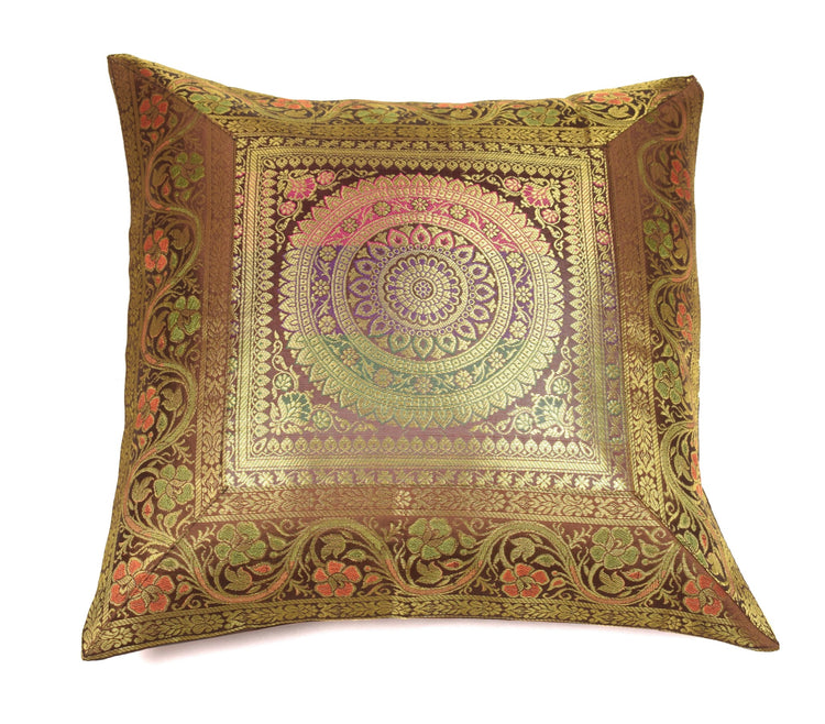 16x16 Inch Dark Brown Banarasi Silk Cushion Cover Woven Zari Brocade Mandala