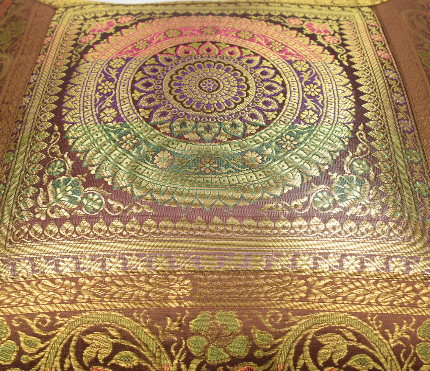 16x16 Inch Dark Brown Banarasi Silk Cushion Cover Woven Zari Brocade Mandala