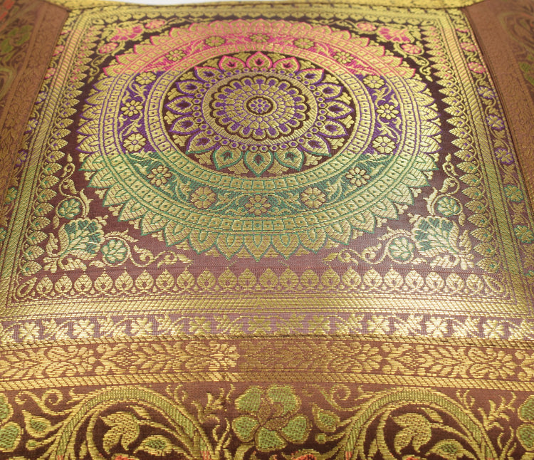 16x16 Inch Dark Brown Banarasi Silk Cushion Cover Woven Zari Brocade Mandala