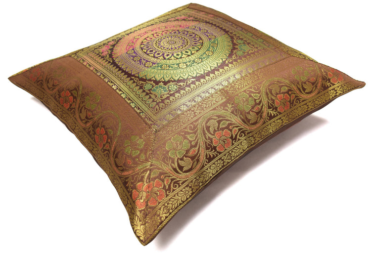 16x16 Inch Dark Brown Banarasi Silk Cushion Cover Woven Zari Brocade Mandala