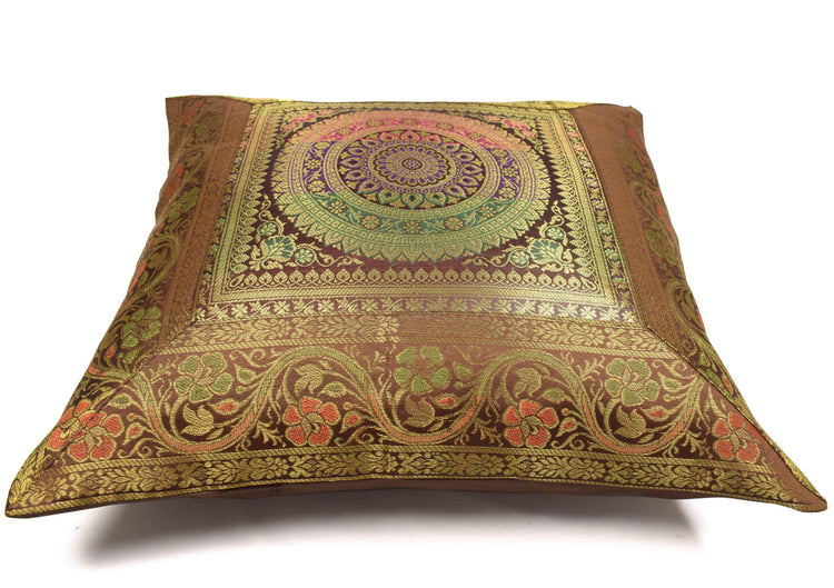16x16 Inch Dark Brown Banarasi Silk Cushion Cover Woven Zari Brocade Mandala