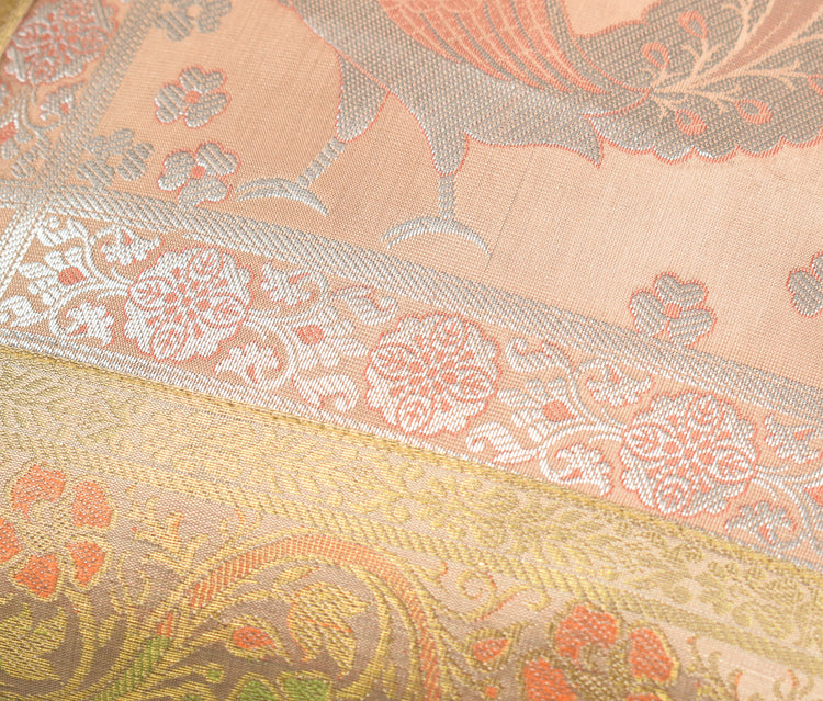 16x16" Gold, Peach Toned Cushion Covers Woven Zari Brocade Banarasi Silk Peacock