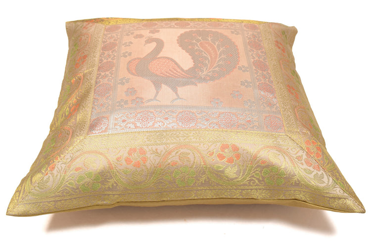 16x16" Gold, Peach Toned Cushion Covers Woven Zari Brocade Banarasi Silk Peacock