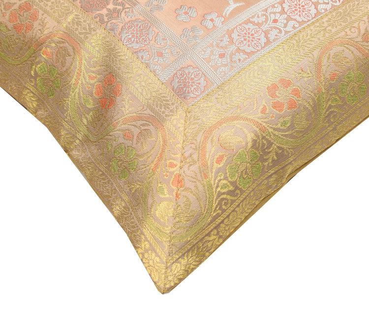 16x16" Gold, Peach Toned Cushion Covers Woven Zari Brocade Banarasi Silk Peacock