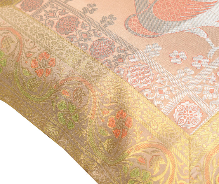 16x16" Gold, Peach Toned Cushion Covers Woven Zari Brocade Banarasi Silk Peacock