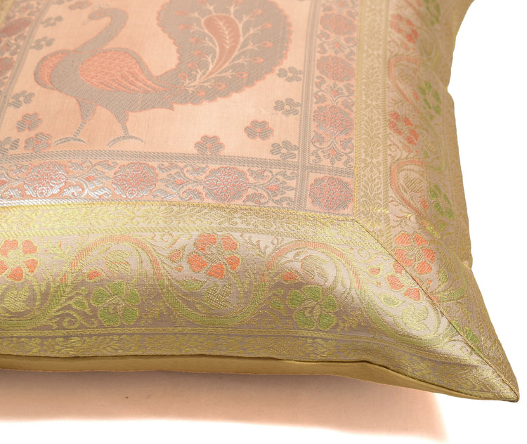 16x16" Gold, Peach Toned Cushion Covers Woven Zari Brocade Banarasi Silk Peacock