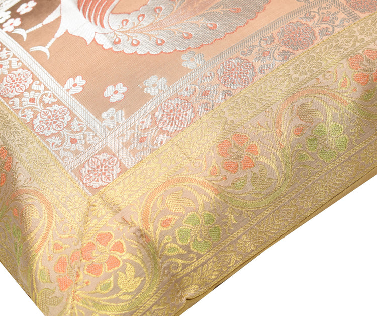 16x16" Gold, Peach Toned Cushion Covers Woven Zari Brocade Banarasi Silk Peacock