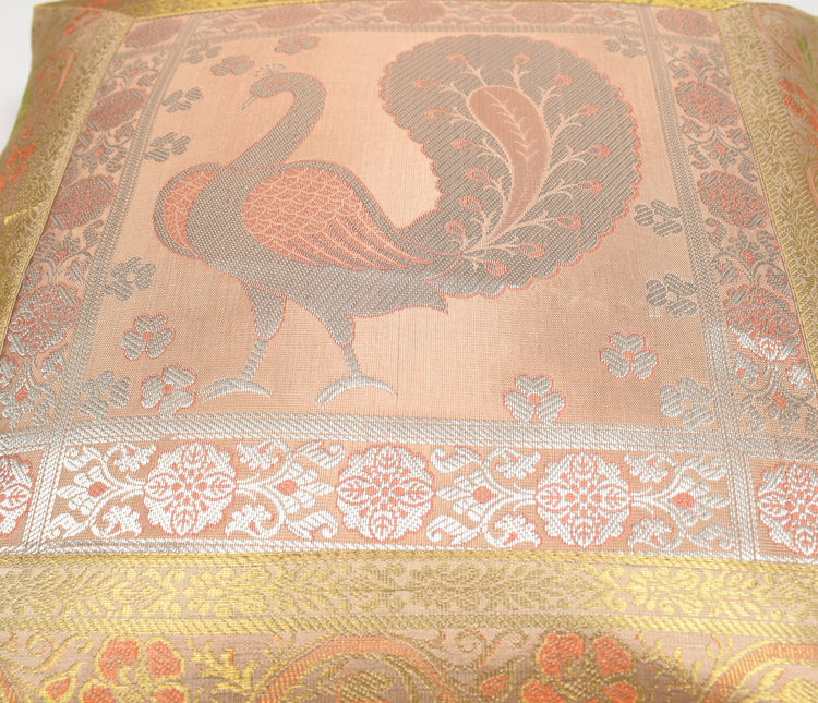 16x16" Gold, Peach Toned Cushion Covers Woven Zari Brocade Banarasi Silk Peacock