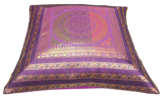 16x16" Purple Zari Brocade Banarasi Silk Mandala Cushion Covers Paisley Border