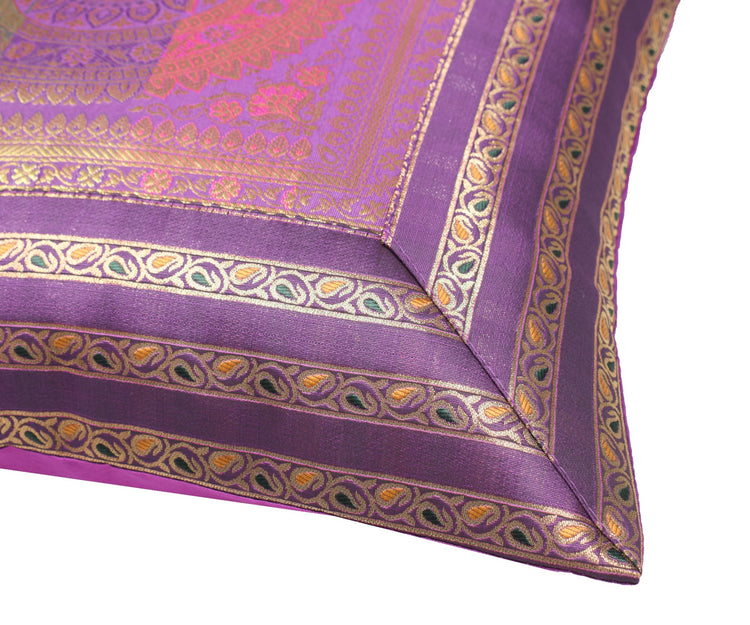 16x16" Purple Zari Brocade Banarasi Silk Mandala Cushion Covers Paisley Border