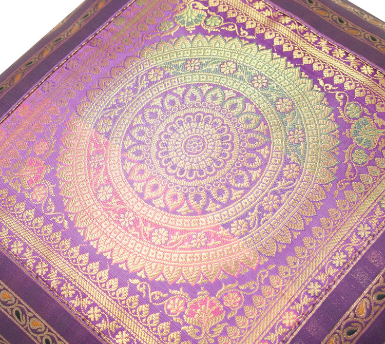 16x16" Purple Zari Brocade Banarasi Silk Mandala Cushion Covers Paisley Border
