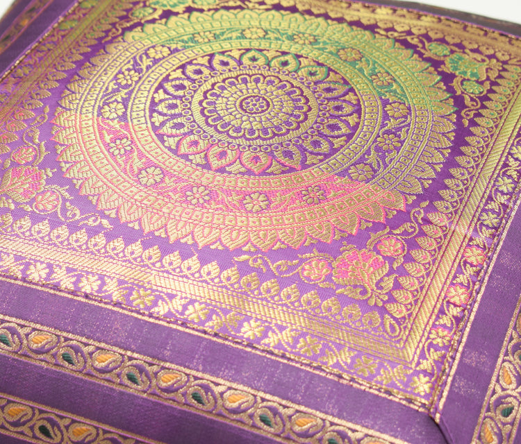 16x16" Purple Zari Brocade Banarasi Silk Mandala Cushion Covers Paisley Border