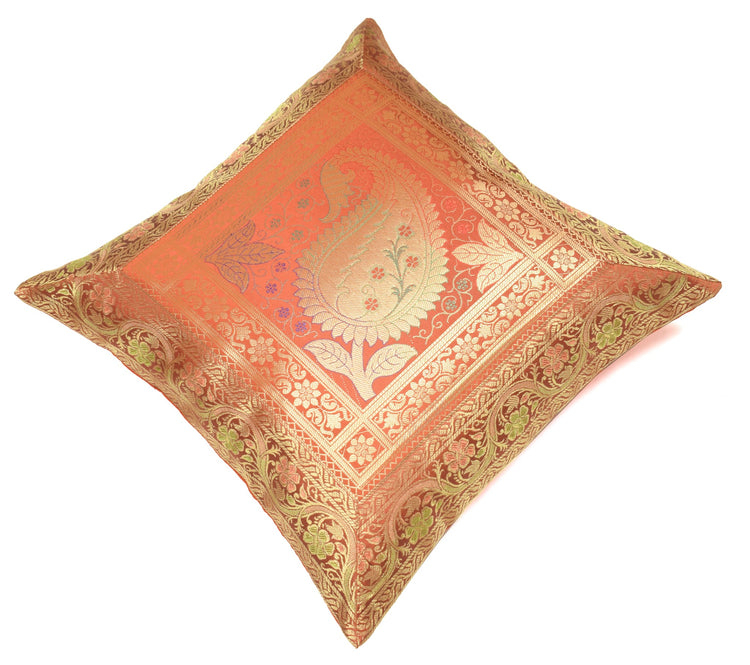 Indian 16x16" Rust Banarasi Silk Cushion Cover Featuring Zari Brocade Paisley