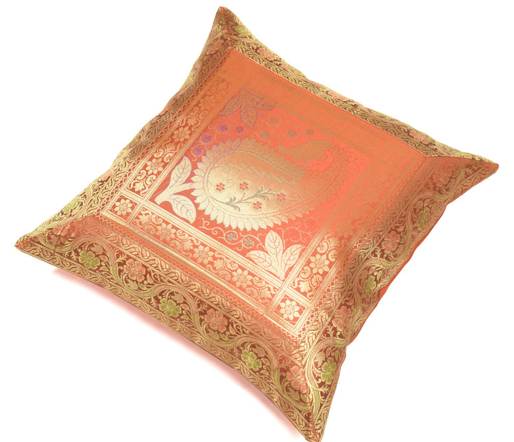 Indian 16x16" Rust Banarasi Silk Cushion Cover Featuring Zari Brocade Paisley