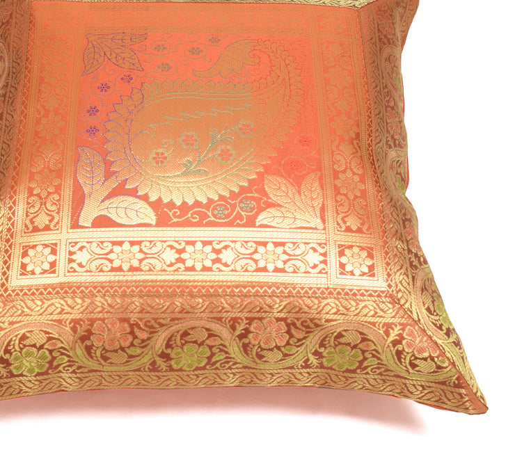Indian 16x16" Rust Banarasi Silk Cushion Cover Featuring Zari Brocade Paisley