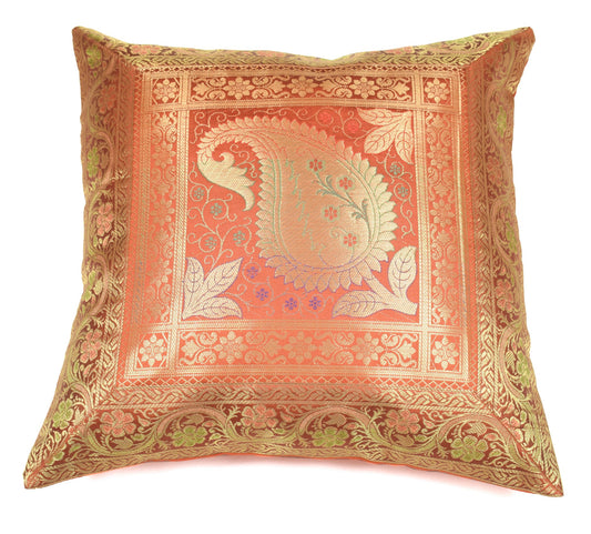 Indian 16x16" Rust Banarasi Silk Cushion Cover Featuring Zari Brocade Paisley