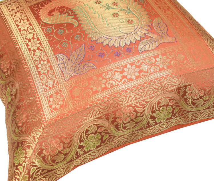 Indian 16x16" Rust Banarasi Silk Cushion Cover Featuring Zari Brocade Paisley