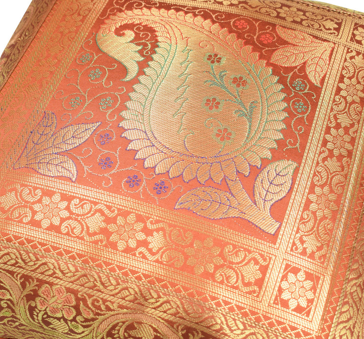 Indian 16x16" Rust Banarasi Silk Cushion Cover Featuring Zari Brocade Paisley