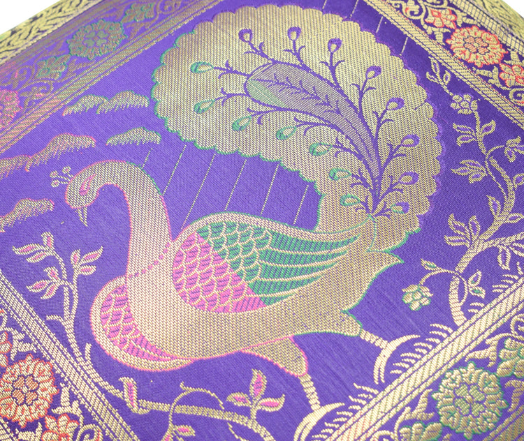 16x16 Inch Blue Cushion Covers Indian Woven Zari Brocade Banarasi Silk Peacock