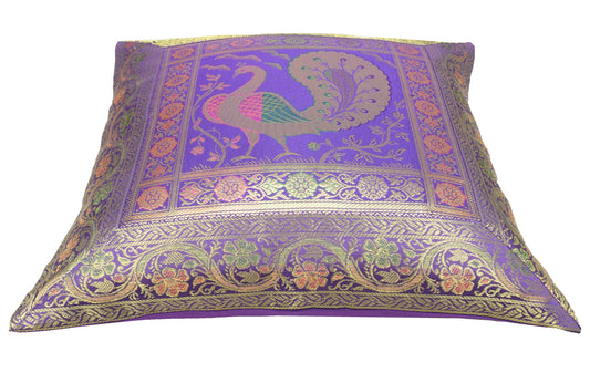 16x16 Inch Blue Cushion Covers Indian Woven Zari Brocade Banarasi Silk Peacock