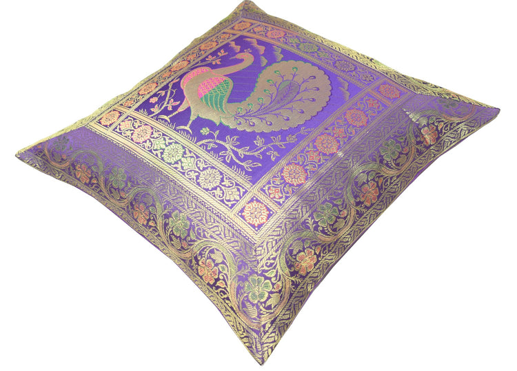 16x16 Inch Blue Cushion Covers Indian Woven Zari Brocade Banarasi Silk Peacock
