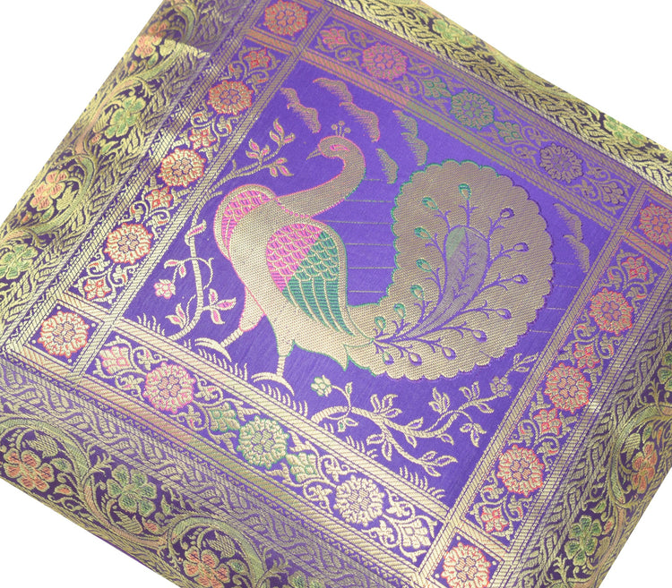 16x16 Inch Blue Cushion Covers Indian Woven Zari Brocade Banarasi Silk Peacock