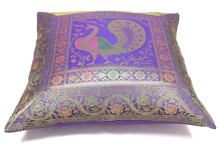 16x16 Inch Blue Cushion Covers Indian Woven Zari Brocade Banarasi Silk Peacock
