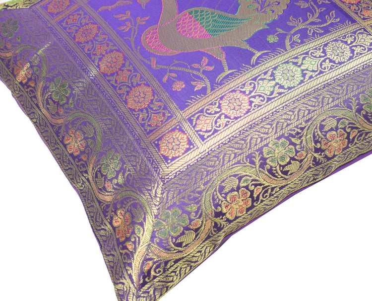 16x16 Inch Blue Cushion Covers Indian Woven Zari Brocade Banarasi Silk Peacock