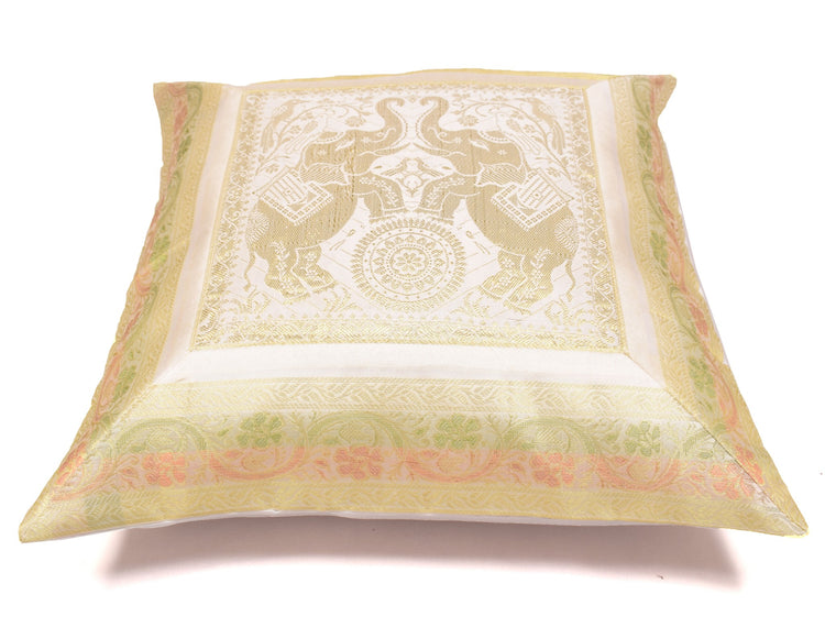 Elegant White Banarasi Silk Cushion Cover (16x16) Zari Brocade Elephant Motifs