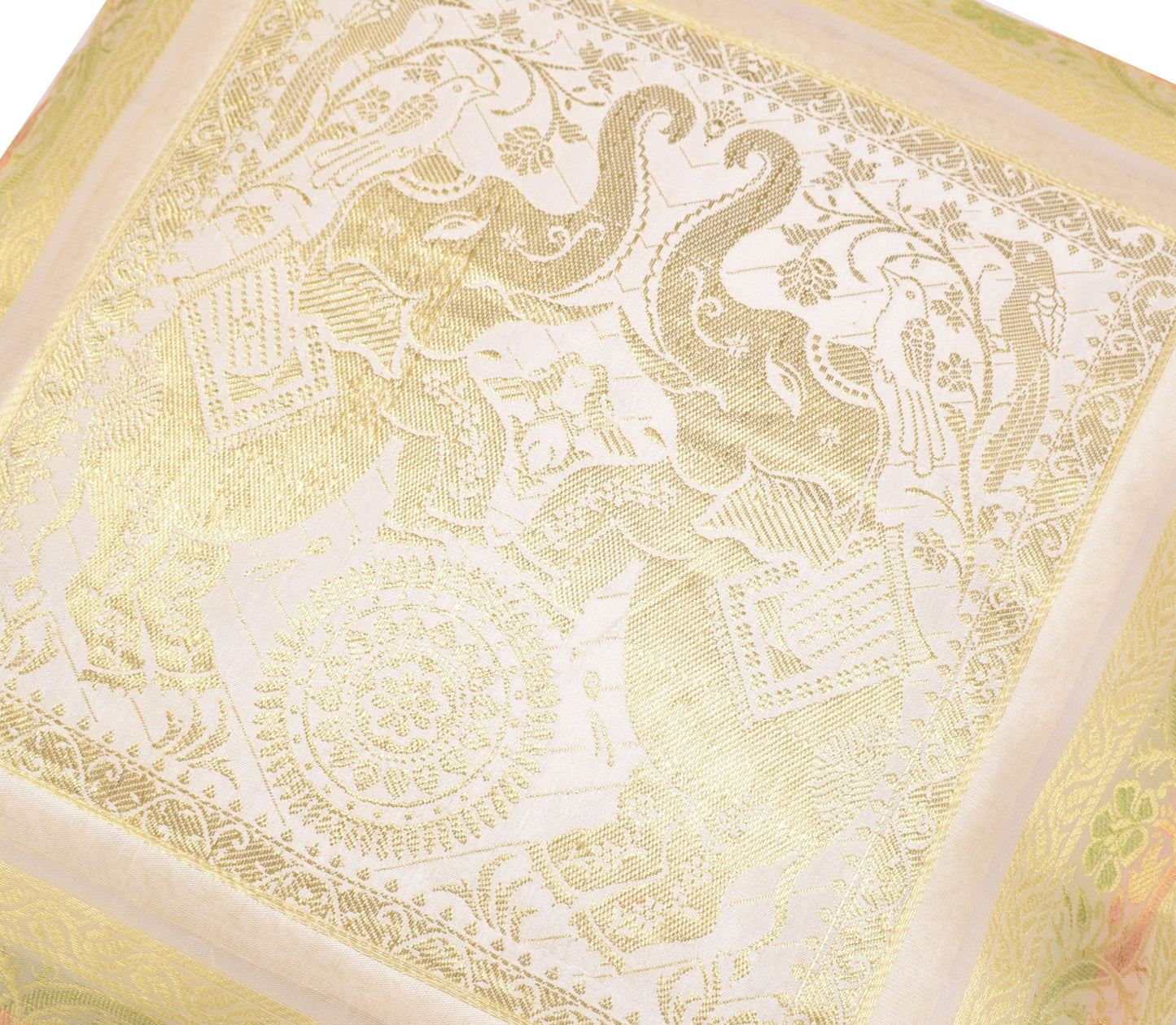 Elegant White Banarasi Silk Cushion Cover (16x16) Zari Brocade Elephant Motifs