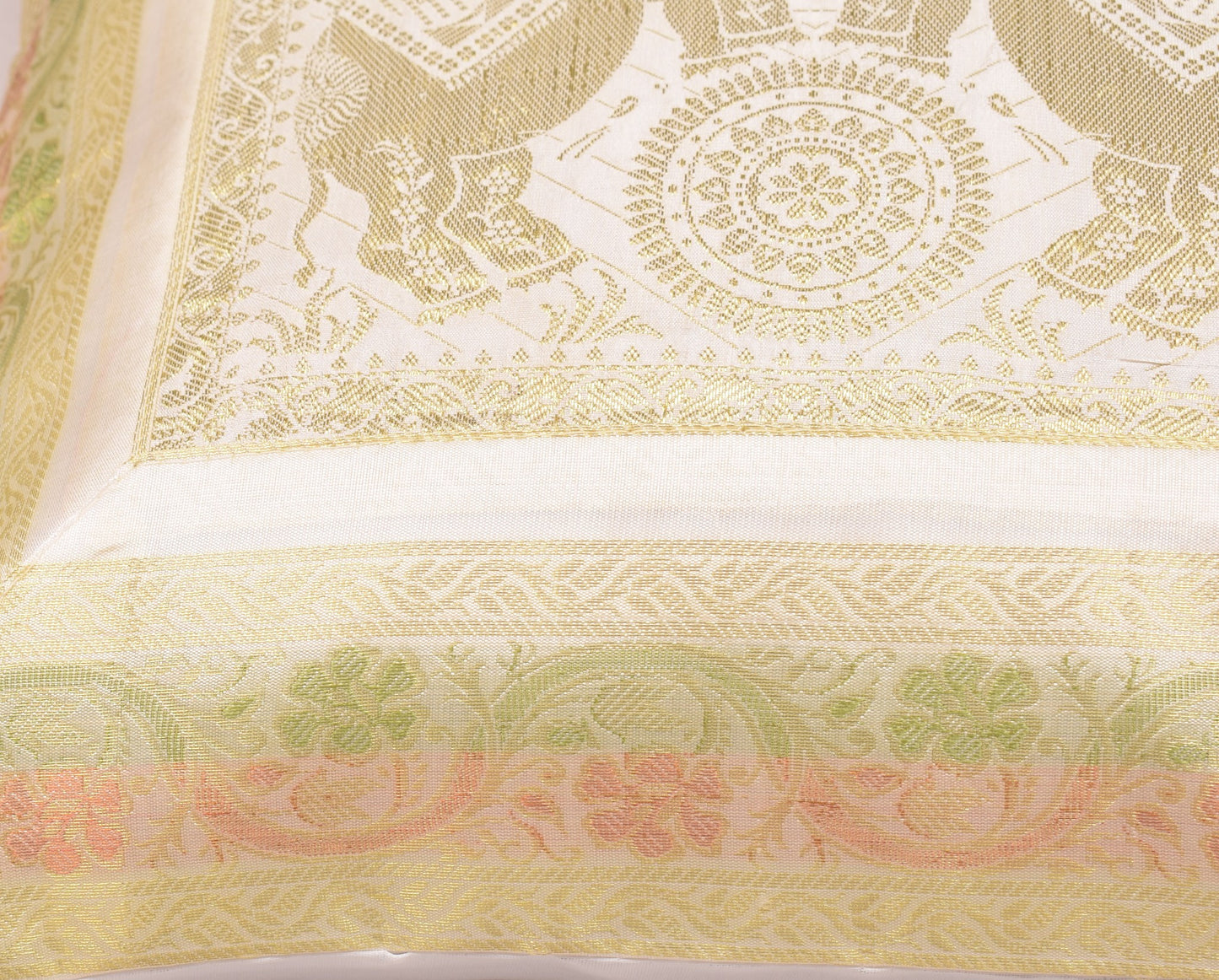 Elegant White Banarasi Silk Cushion Cover (16x16) Zari Brocade Elephant Motifs