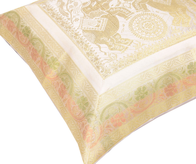 Elegant White Banarasi Silk Cushion Cover (16x16) Zari Brocade Elephant Motifs