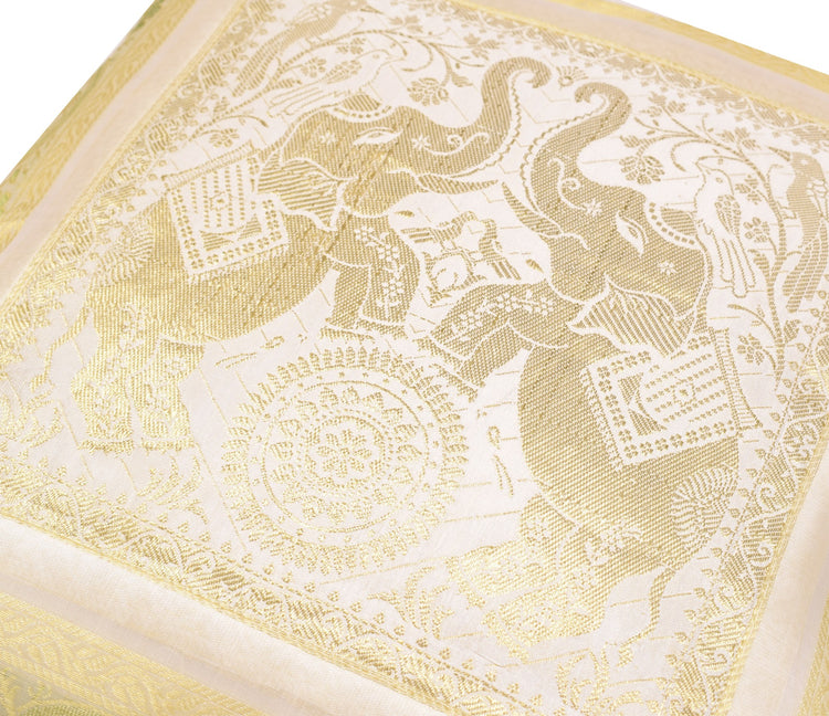 Elegant White Banarasi Silk Cushion Cover (16x16) Zari Brocade Elephant Motifs