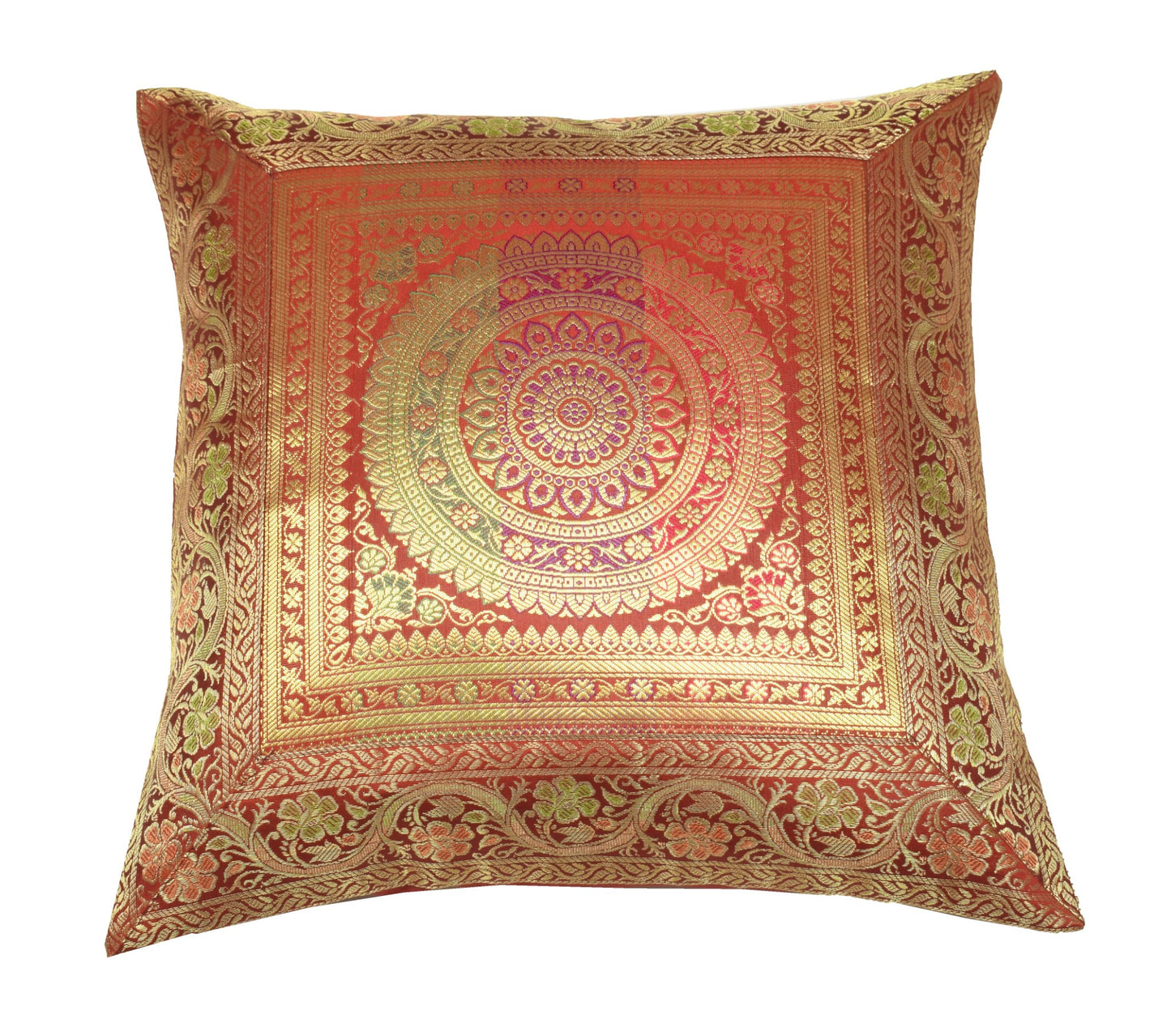 Red 16x16 Inch Indian Woven Zari Brocade Banarasi Silk Mandala Cushion Covers