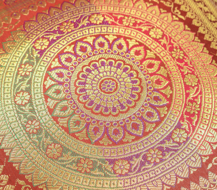 Red 16x16 Inch Indian Woven Zari Brocade Banarasi Silk Mandala Cushion Covers